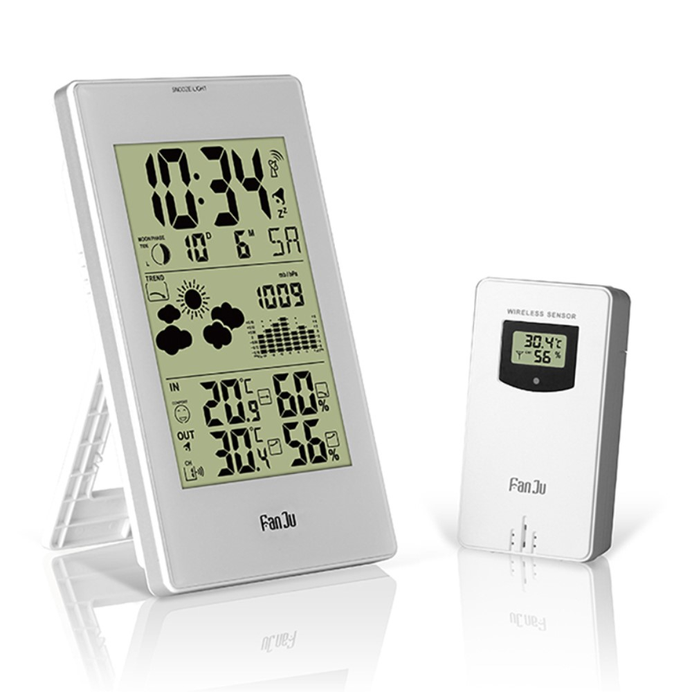(2-tlg. Set) Wireless Wetterstation Digital Thermometer mit Hintergrundbeleuchtung und Hygrometer / Aussensensor (Batteriebetrieben) - Weiss