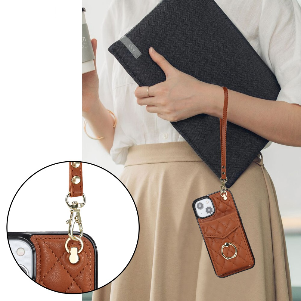 iPhone 15 Necklace Leder Hülle mit Kartenfächer   Finger Griff Halterung   Handykette (RFID Schutz) - Braun