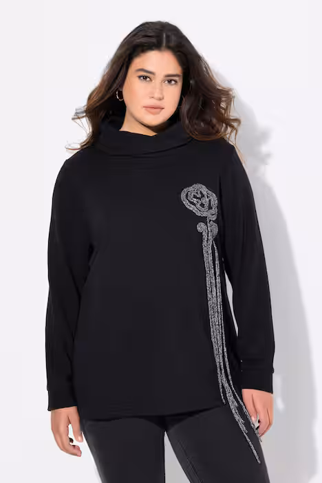 Sweatshirt, Blüten, Stehkragen, Langarm, schwarz