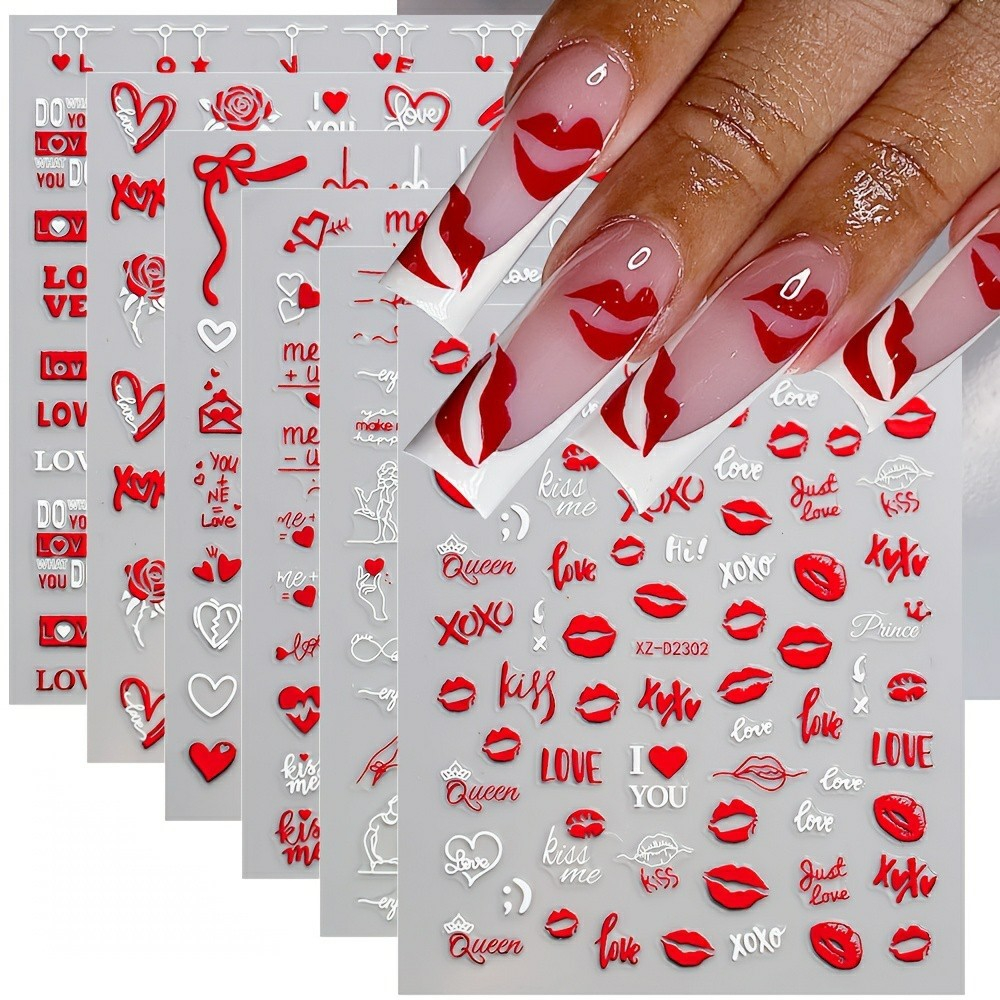 (808-tlg. Set) Nagel Sticker Nail Art Tattoo Selbstklebende Aufkleber Valentinstag - Rot / Weiss