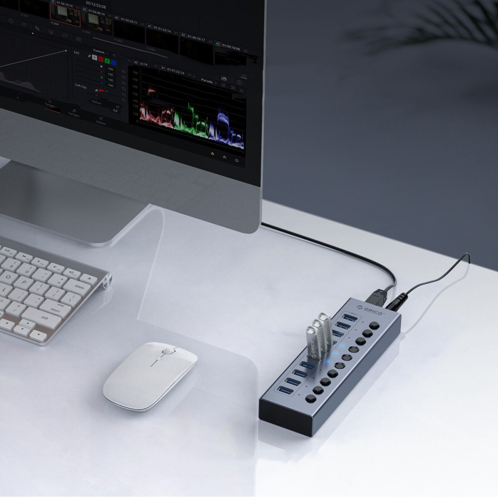 (28cm) 16-fach USB 3.0 Hub Aluminium Adapter mit USB Port Steuerung Tastenschalter 5GB/s   Netzteil (12V/5A) - Grau