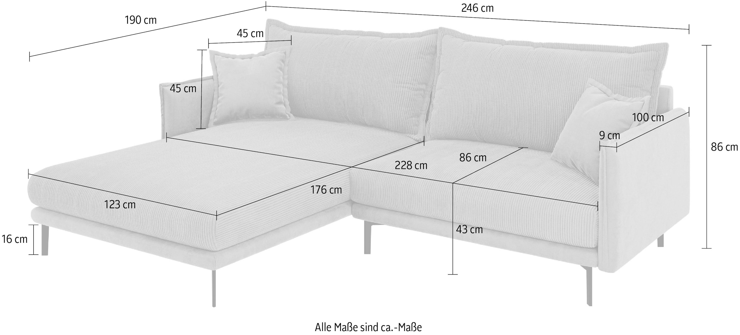 Home affaire Ecksofa »ALEXANDRIA mit Recamiere rechts oder links bestellbar, moderne Bezüge« L-Form mit Wellenunterfederung, Masse: B/H/T 246/86/190 cm