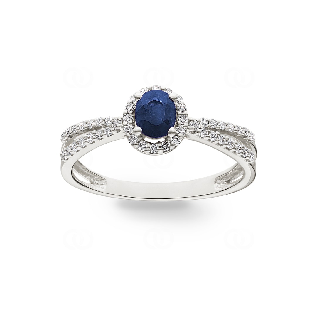 Damenring 750/18 K Weissgold mit Saphir oval und Diamanten 0.19 ct H/si