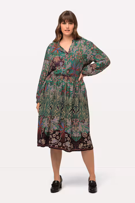 Midikleid, Patchdruck, V-Ausschnitt, Langarm, dunkelbraun