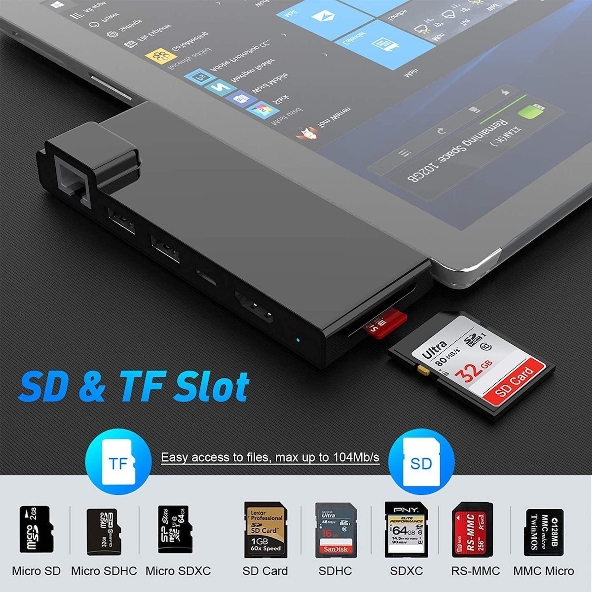 NÖRDIC USB 7-ports dockingstasjon for MicroSoft Surface Pro7 1xHDMI4k30Hz 2xUSB-A 5Gbps 1xUSB-C PD87W 1xRJ45 LAN og 1xTF og 1xSD
