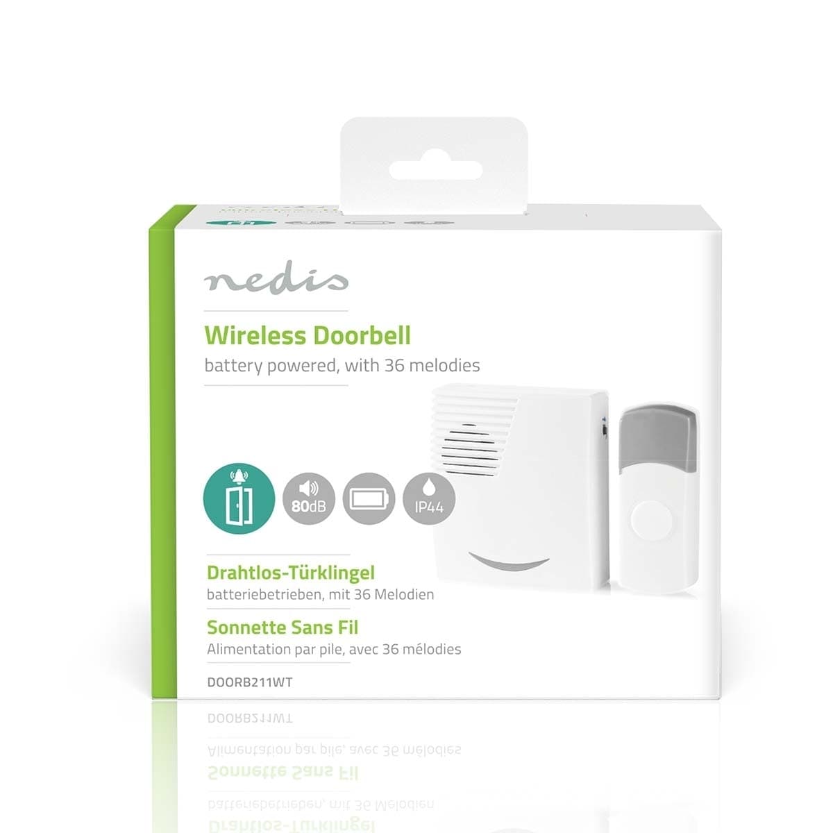 Nedis Trådløs ringeklokke Set | Batteri drevet | 3 V DC | 1x CR2032 | Volum: 80 dB | Signalområde (siktelinje): 300 m | IP44 | 36 Melodier | 1 Mottaker | Grå / Hvit