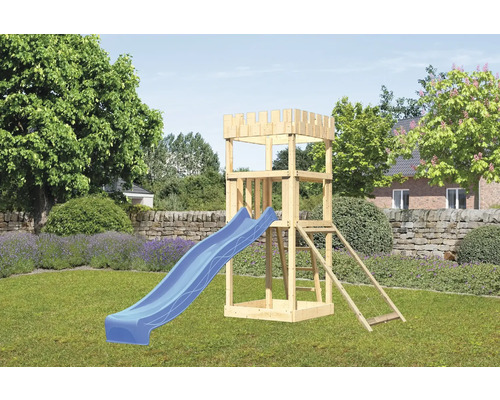 Speeltoren/speelhuis Karibu Leeuwenhart, 107 x 107 cm, van hout, bestaande uit glijbaan en nethelling (blauw).