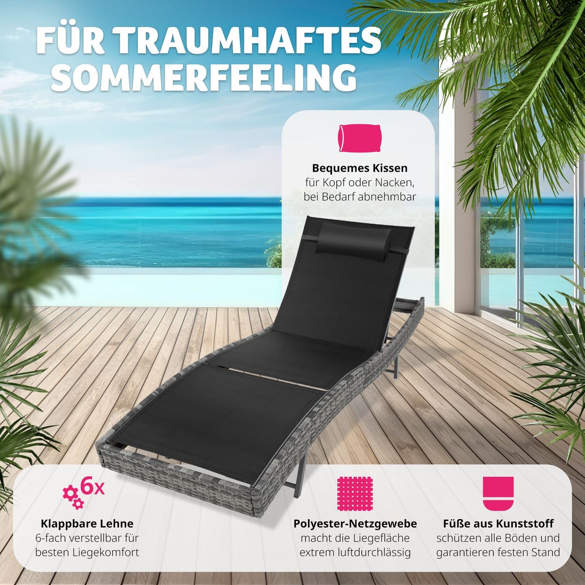 Rotan ligstoel tectake Delphine duurzaam en UV-bestendig 211 x 69 x 28-94 cm