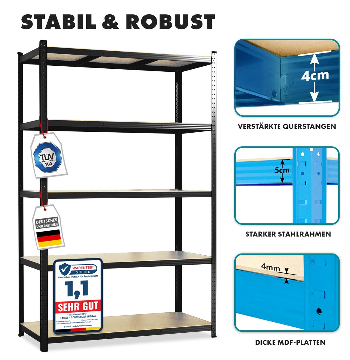 Lakota Heavy-Duty stellingkast - Set van 2 - Draagvermogen tot 875 kg - Individueel bruikbaar - Zwart - 200 x 120 x 60 cm