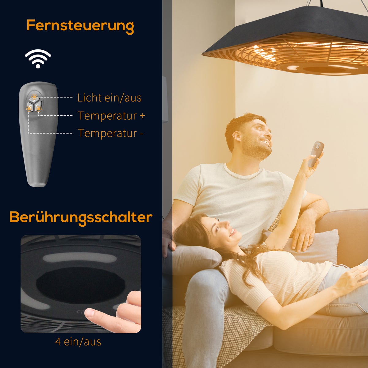 Outsunny Plafondinfraroodstraler 800W/1200W/2000W, 5 verwarmingsstanden, IP45, met afstandsbediening en ledlamp, 45 x 45 x 10 cm, aluminium, glas, zwart