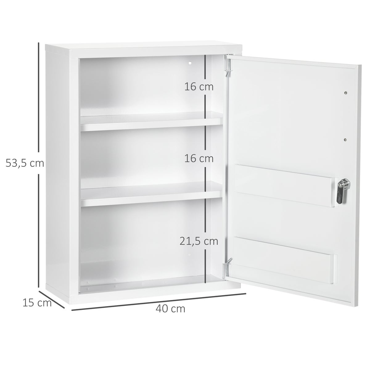 Kleankin Medicijnkastje, Apothekerskast met 3 compartimenten, Afsluitbare wandmedicijnkast, EHBO-kast, Medicijnkastje met 2 sleutels, Staal, Wit, 40 x 15 x 53,5 cm