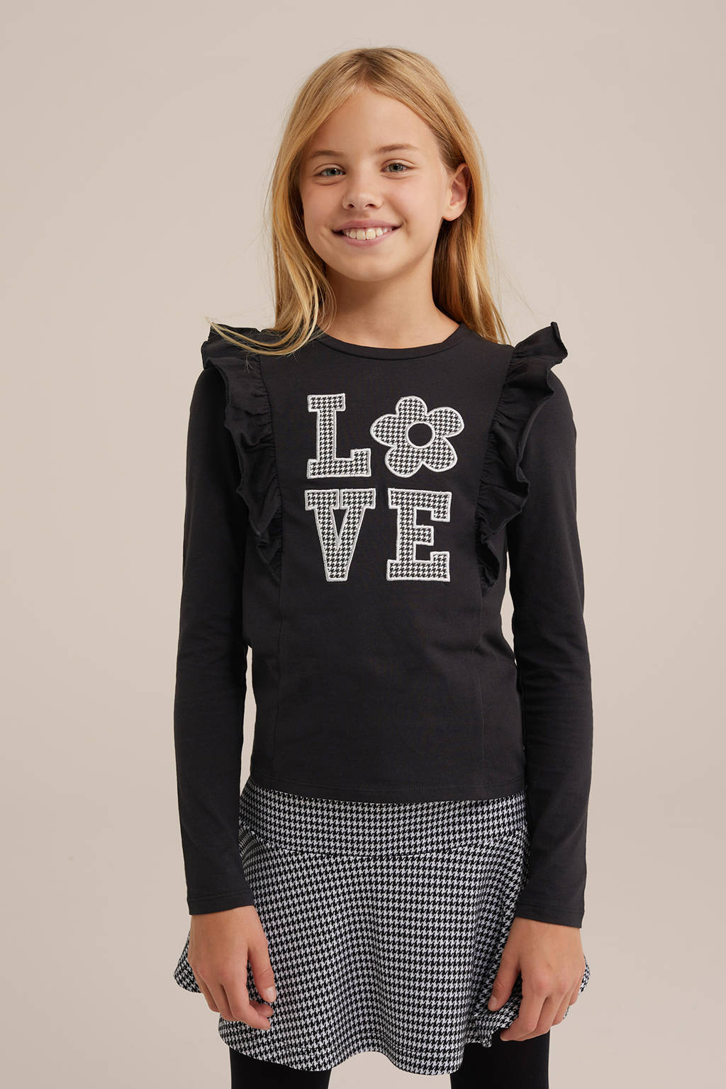 WE Fashion longsleeve met printopdruk en ruches zwart/wit