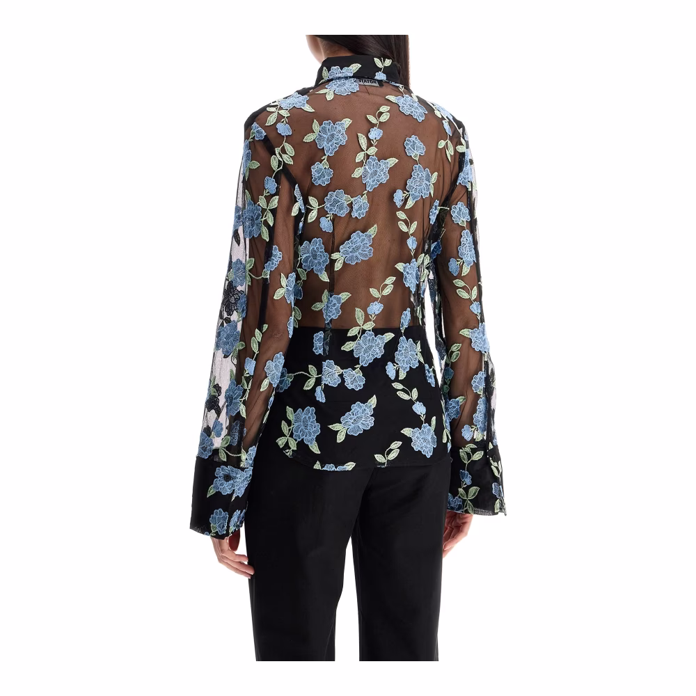 ROTATE Birger Christensen Bloemen Geborduurd Zwart Mesh Shirt