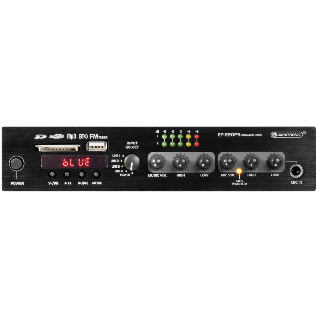 Omnitronic EP-220PS voorversterker met MP3-speler, Bluetooth, FM Radio