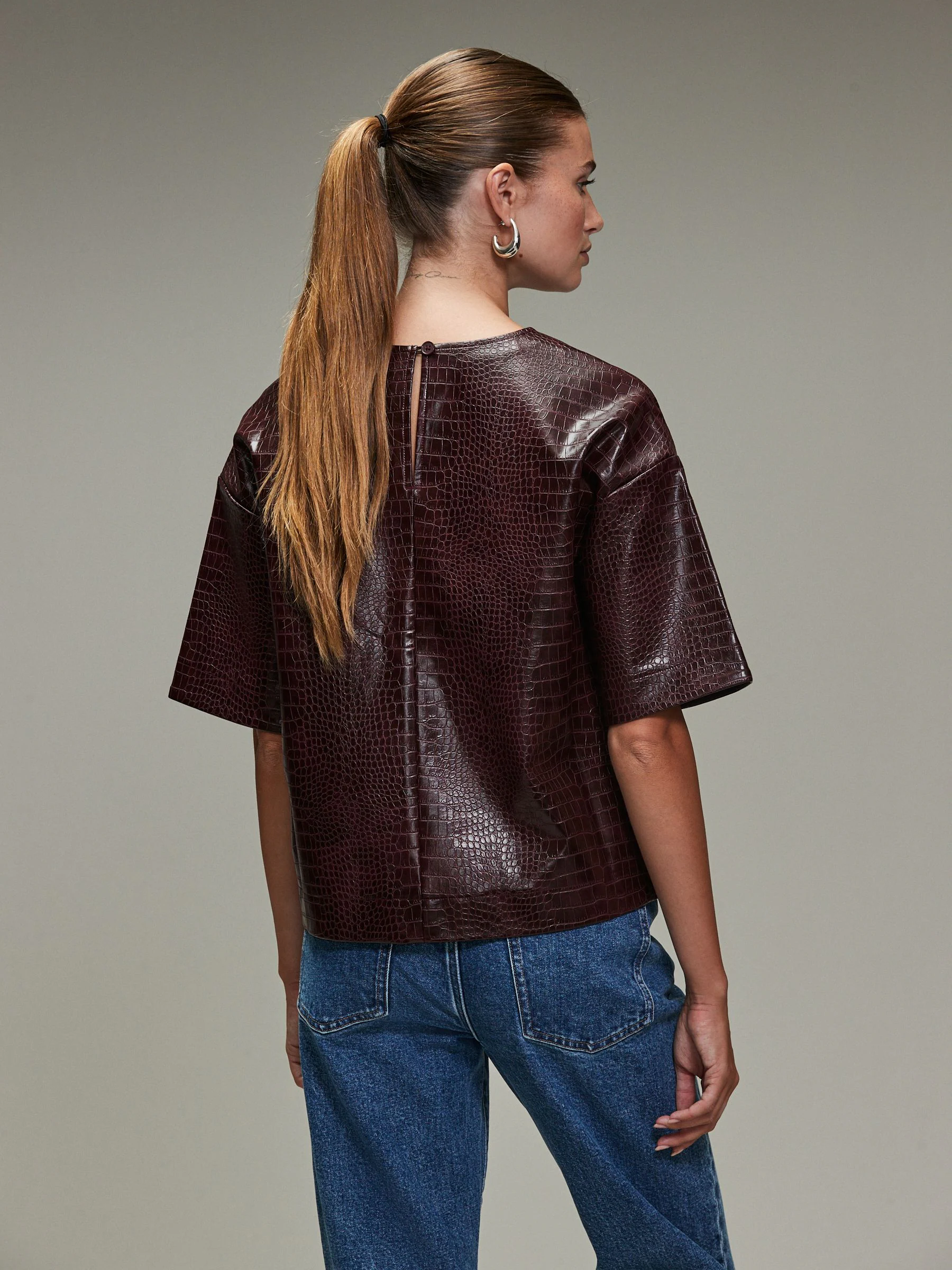 Bordeauxrood - Faux Leather Croc Effect T-Shirt