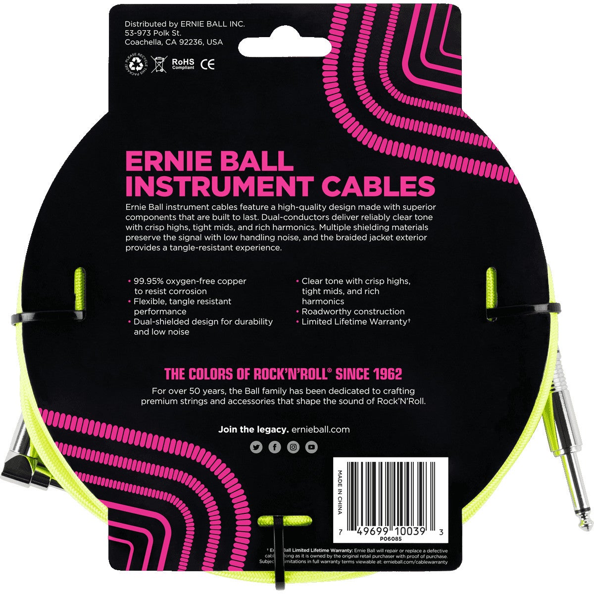Ernie Ball 6085 Braided Instrument Cable, 5.5 meter, Neon Yellow
