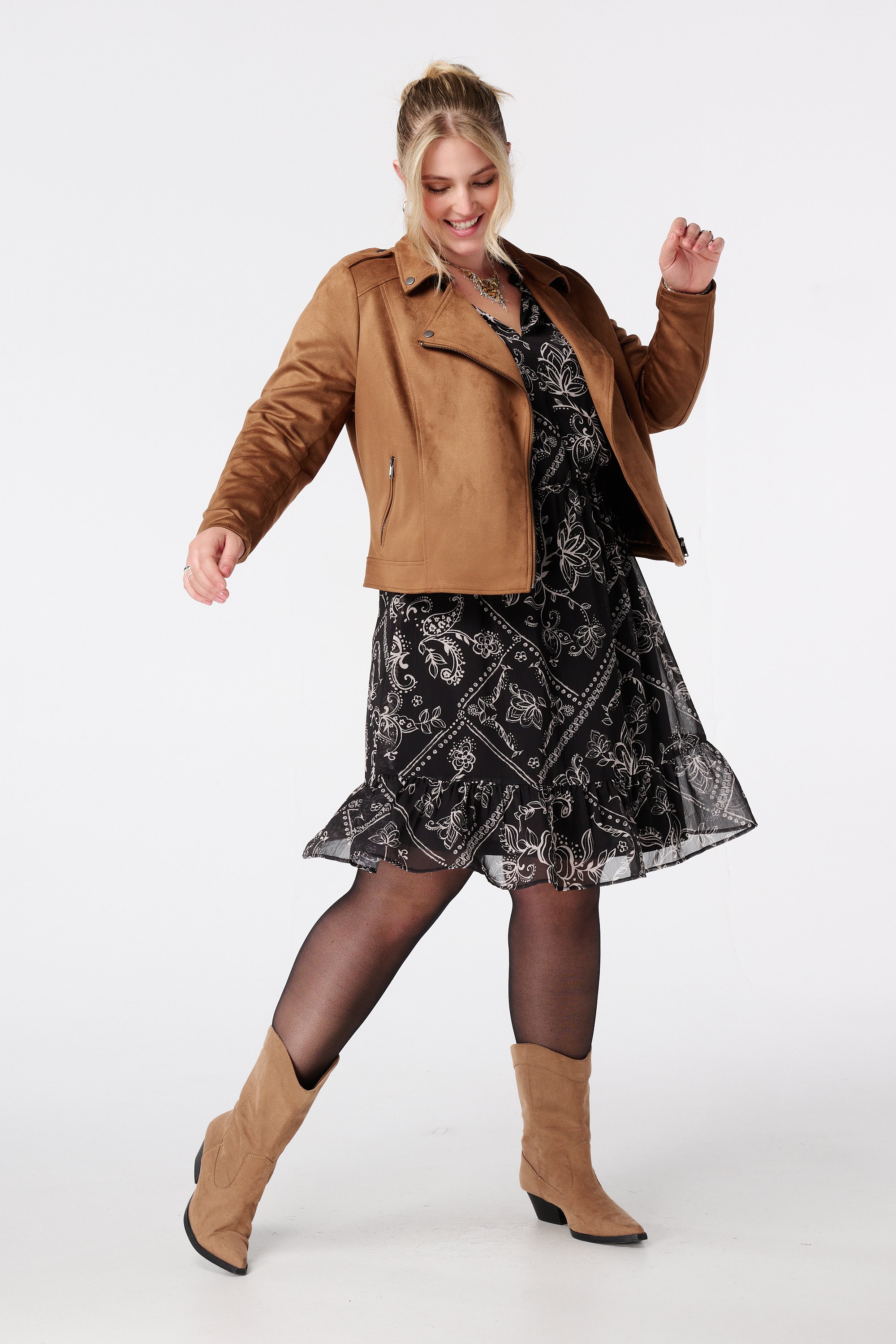 Jurk met print en broderie details Multi zwart-wit