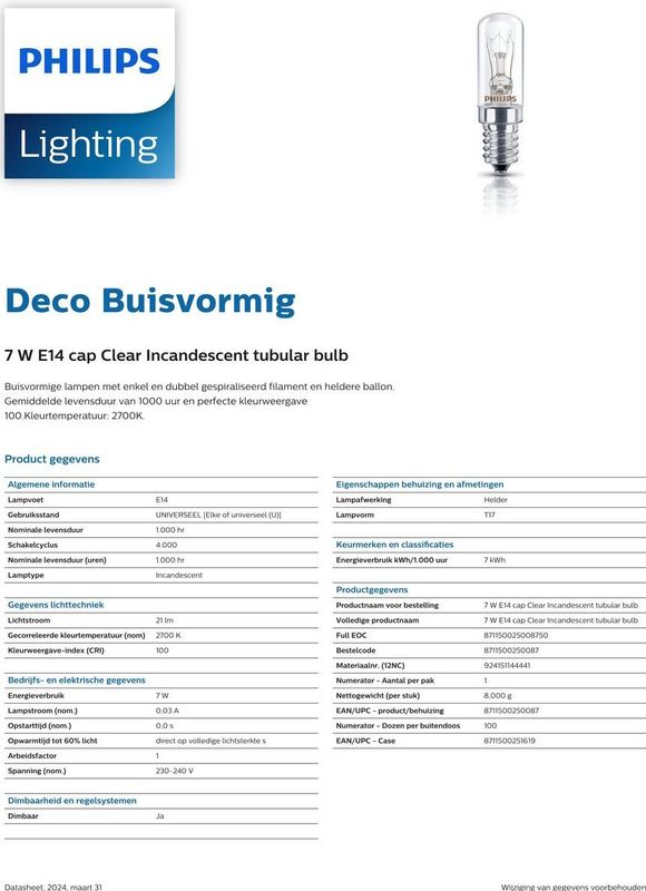 Philips Buislamp - Helder - 7W - E14 - Dimbaar