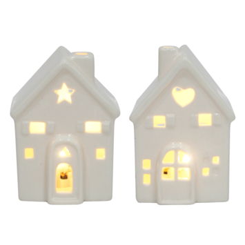 Christmas Goods decoratie keramiek kersthuisje met LED verlichting 6.5 x 9 x 5.7 cm