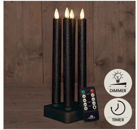 Anna's Collection Oplaadbare LED dinerkaarsen - 4x - zwart - 23,5 cm - afstandsbediening - oplaadstation
