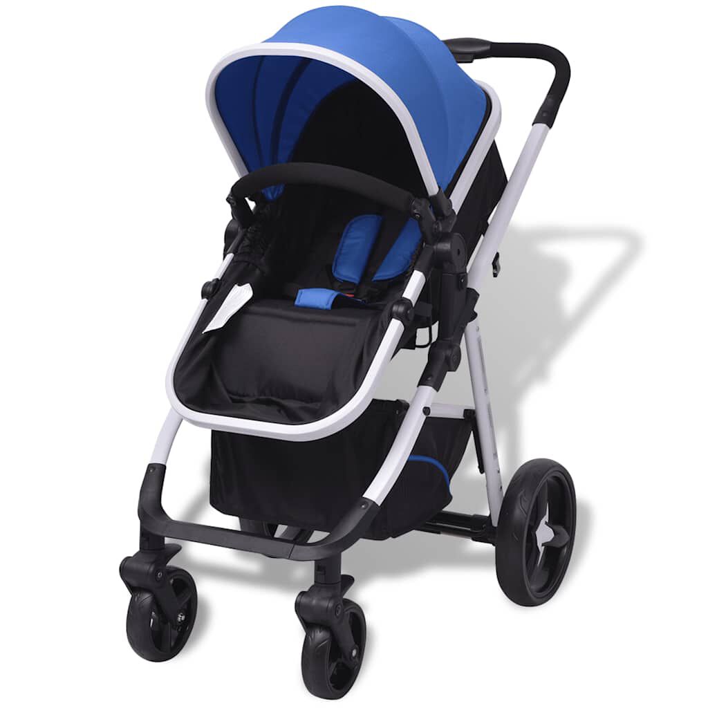 vidaXL 3-in-1 kinderwagen aluminium blauw en zwart