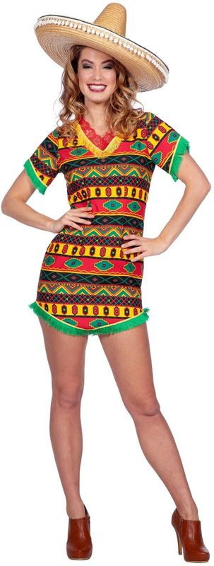 Mexicaanse Bandita - Jurk - Rood Groen Geel - Korte Mouwen - V-Hals