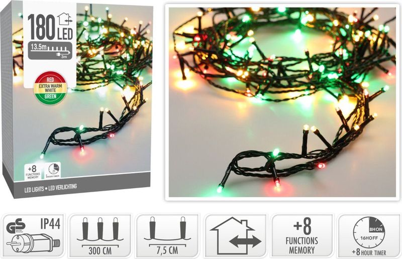 Kerstverlichting - 180 LED - 13.5 meter - Drie Kleuren - Timer - Lichtfuncties - Geheugen - Buiten en Binnen