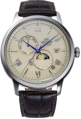 Orient - Classic - Herenhorloge - Chocoladebruin - Leren Band - Beige Wijzerplaat