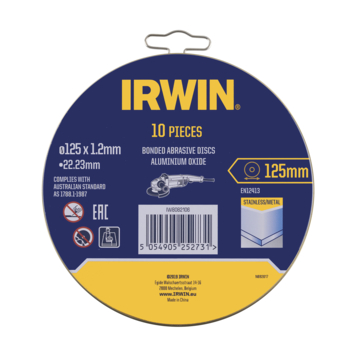 Irwin Pro doorslijpschijven Ø125 mm. Dikte 1.2 mm. Voor metaal. 10 stuks in blik.