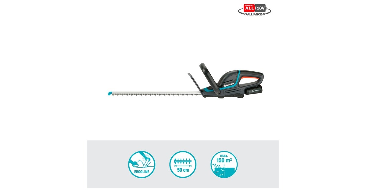 GARDENAAccu heggenschaar ComfortCut 50/18V P4A set  (Grijs/turquoise, 14730-20, Accu inbegrepen)