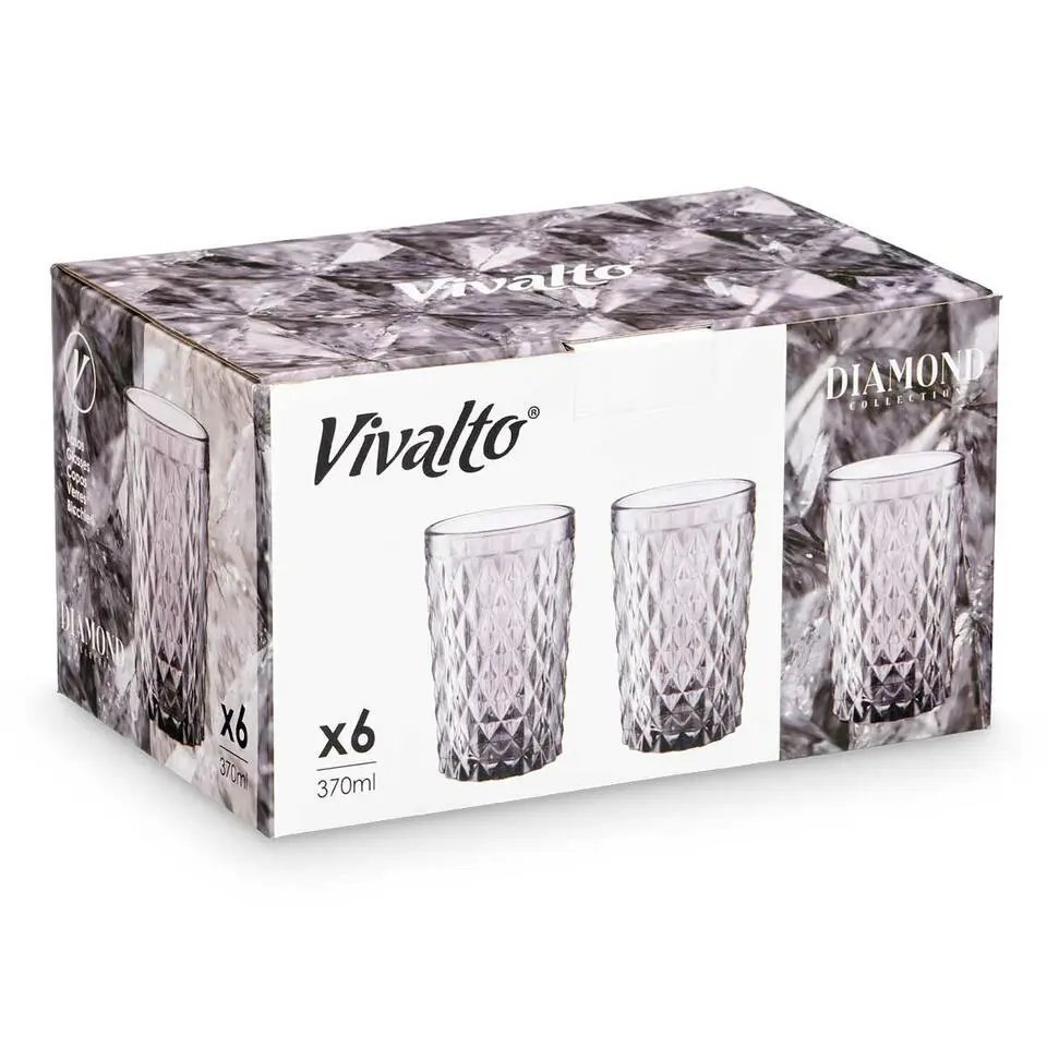 Vivalto Drinkglazen Diamonds - grijs glas - 6x - 370 ml