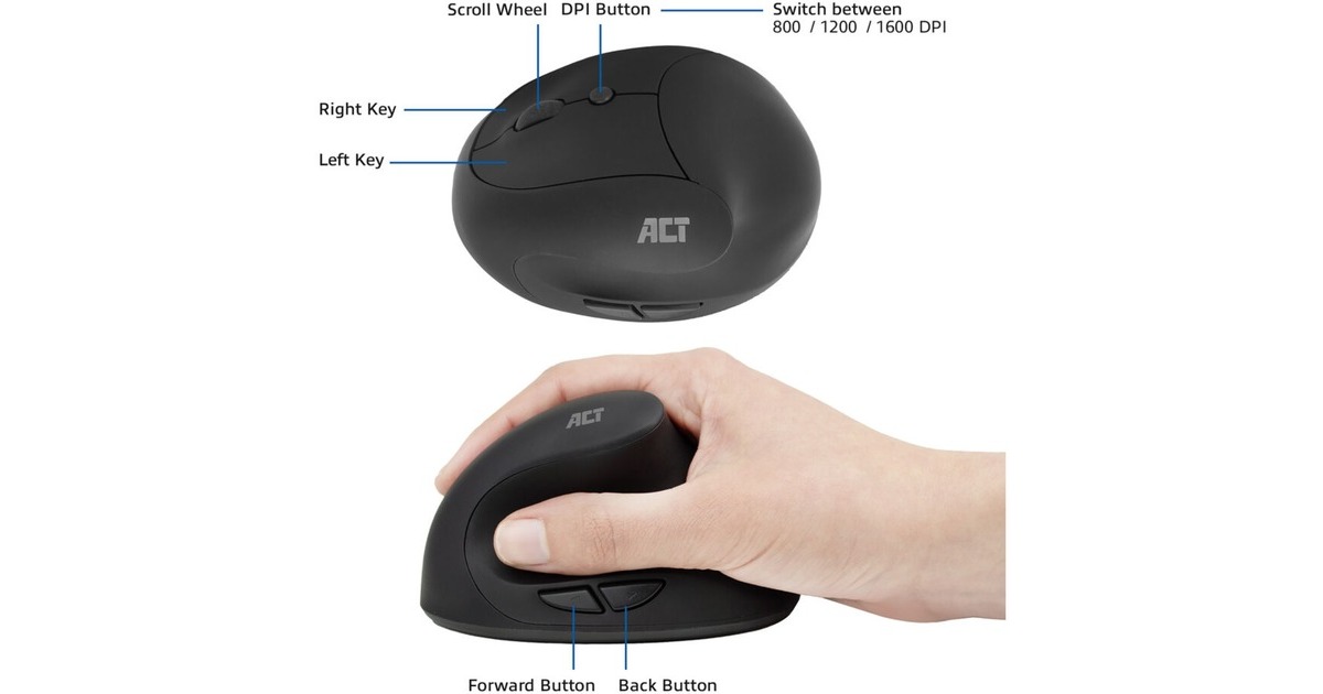 ACT ConnectivityDraadloze Ergonomische Muis  (Zwart, 800 - 1600 DPI)