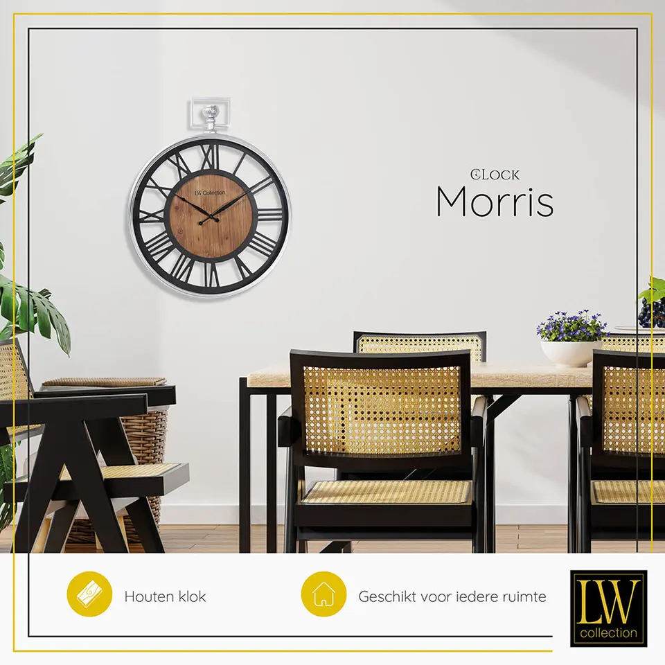 LW Collection Wandklok Morris zwart hout en zilver 60cm