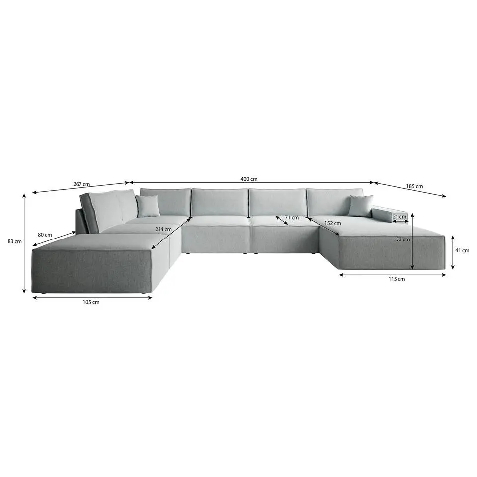 Meubella - Manolo - Hoekbank 5-zits met chaise longue - Stof grijs - Rechts