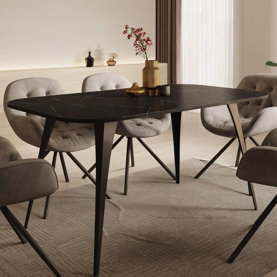 Meubella - Eetkamertafel Flix - Zwart marmer - 160 cm - Uitschuifbaar
