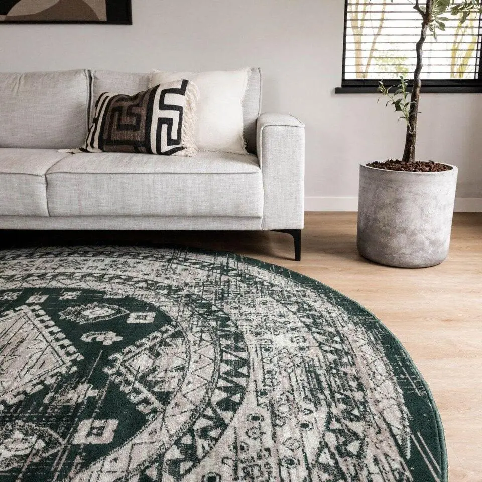 Interieur05 rond vintage vloerkleed Aila groen - 190 x 190 cm