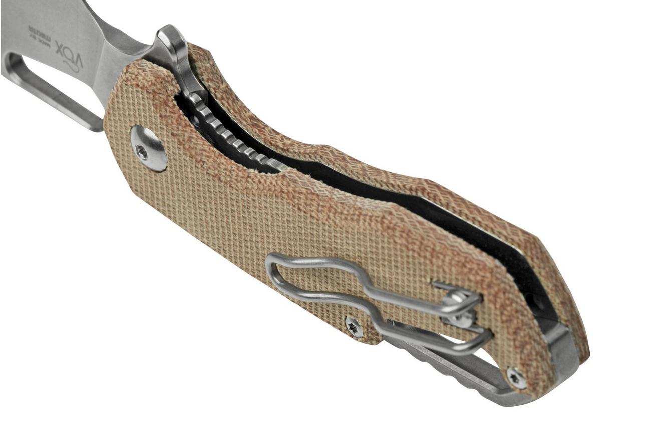 MKM Isonzo FX03M-1NC Hawkbill M390, Natural Canvas Micarta zakmes, Jesper Voxnaes design