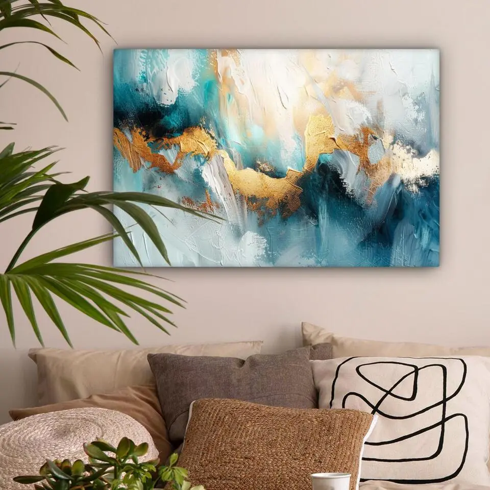 MuchoWow Canvas Schilderij 90x60cm Abstract Kunst Gold Blauw