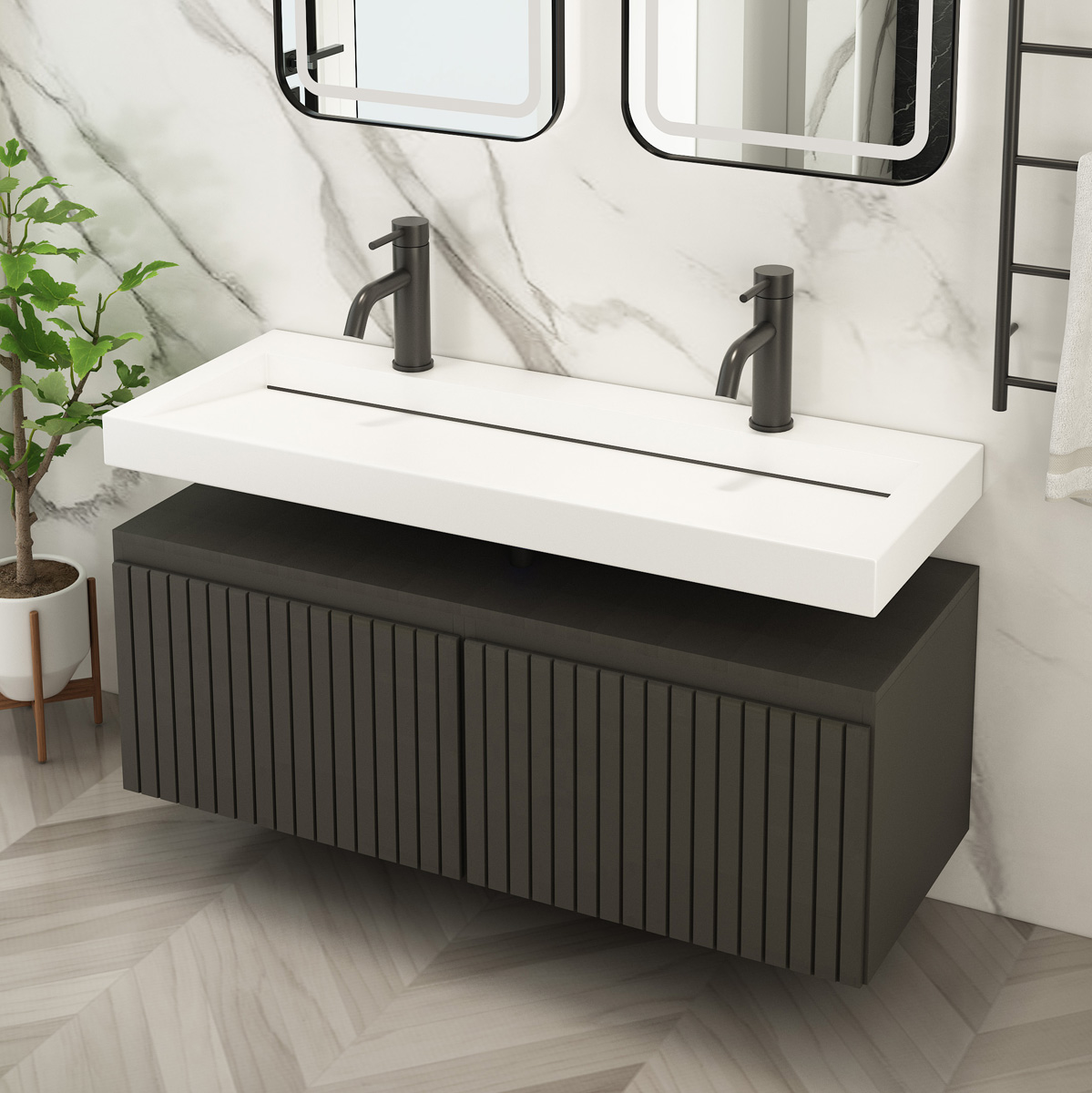 Fontana Gala zwart badmeubel ribbelfront met vrijhangende wastafel 120cm 2 kraangaten