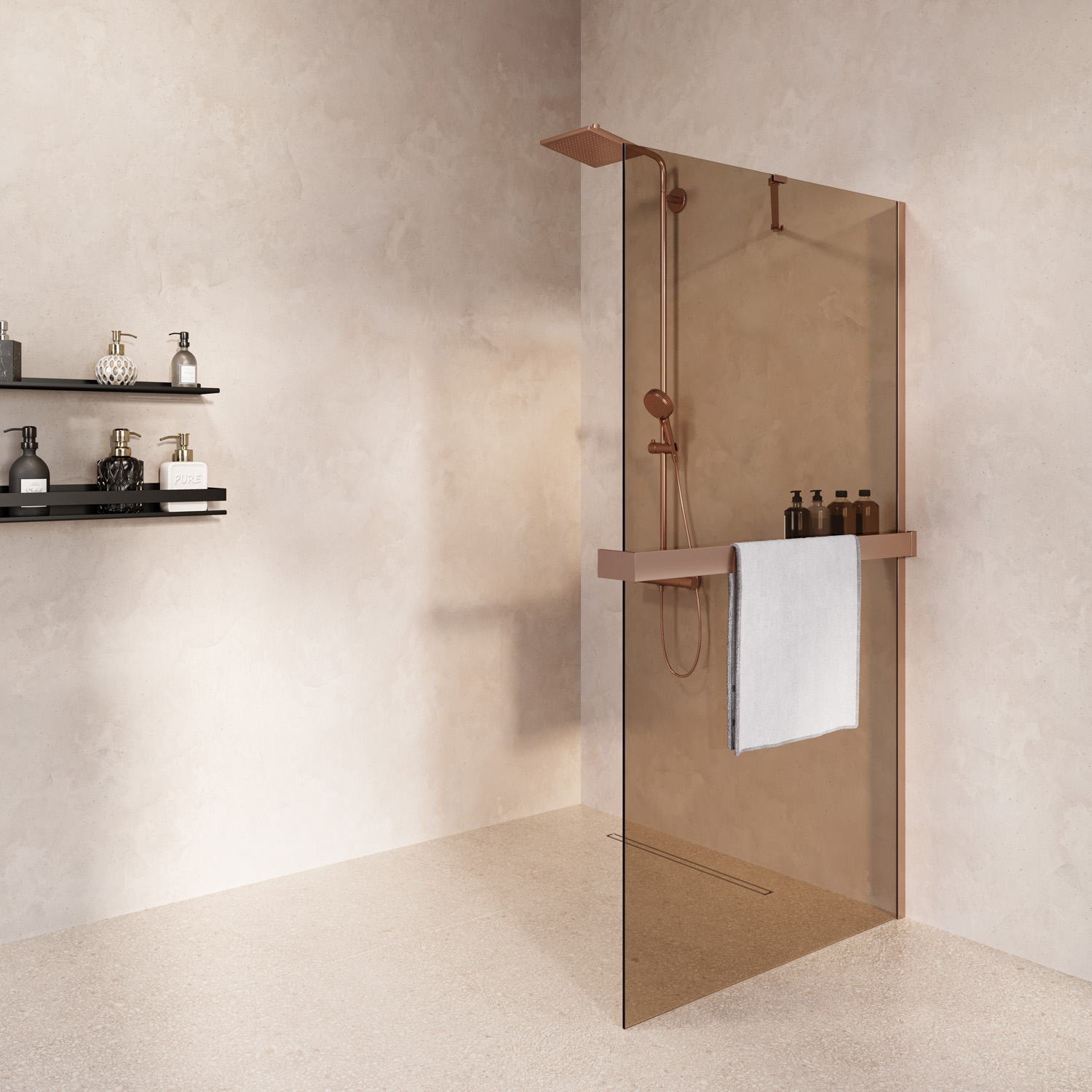 Saniclear Oblique inloopdouche 100cm met handdoekhouder en bronsglas geborsteld koper