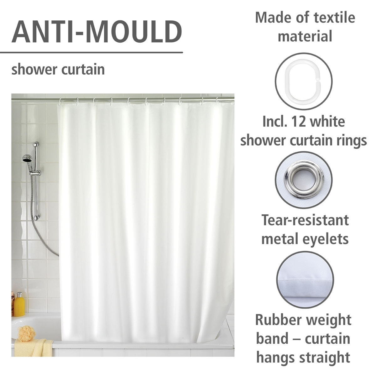 Wenko anti-schimmel douchegordijn 180x200cm polyester uni wit inclusief ringen