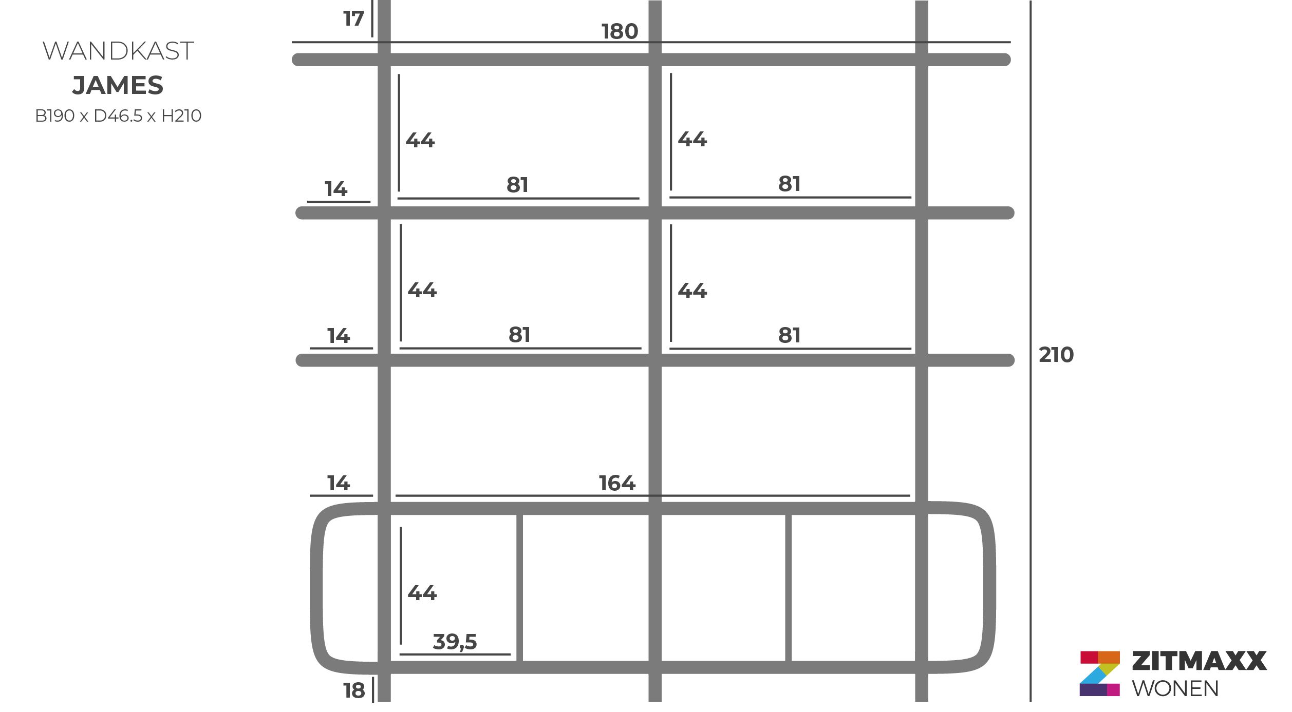 Wandkast 95863 James B190 x D46.5 x H210 cm