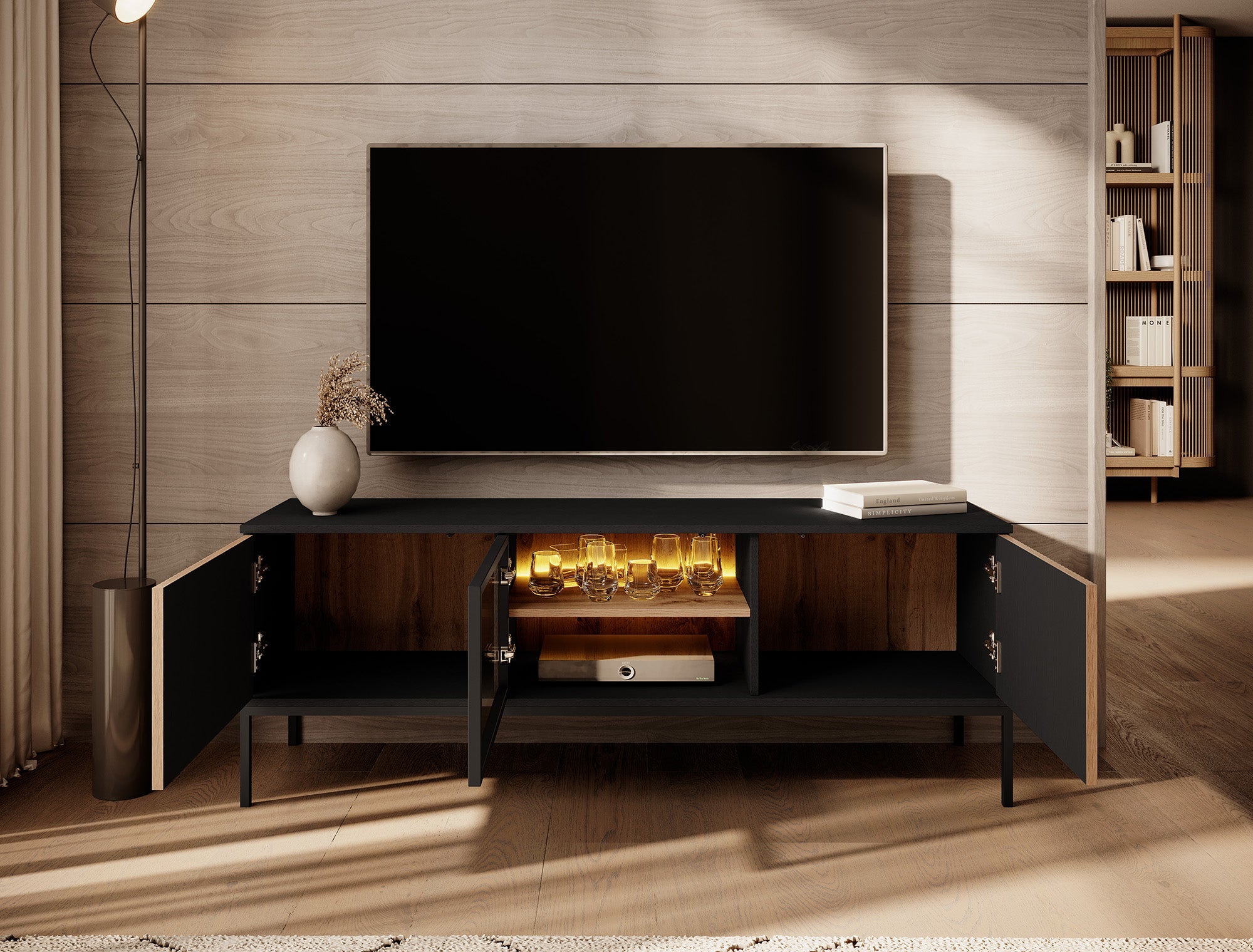 Meubella - TV-Meubel Legend - Mat zwart - Eiken - 154 cm