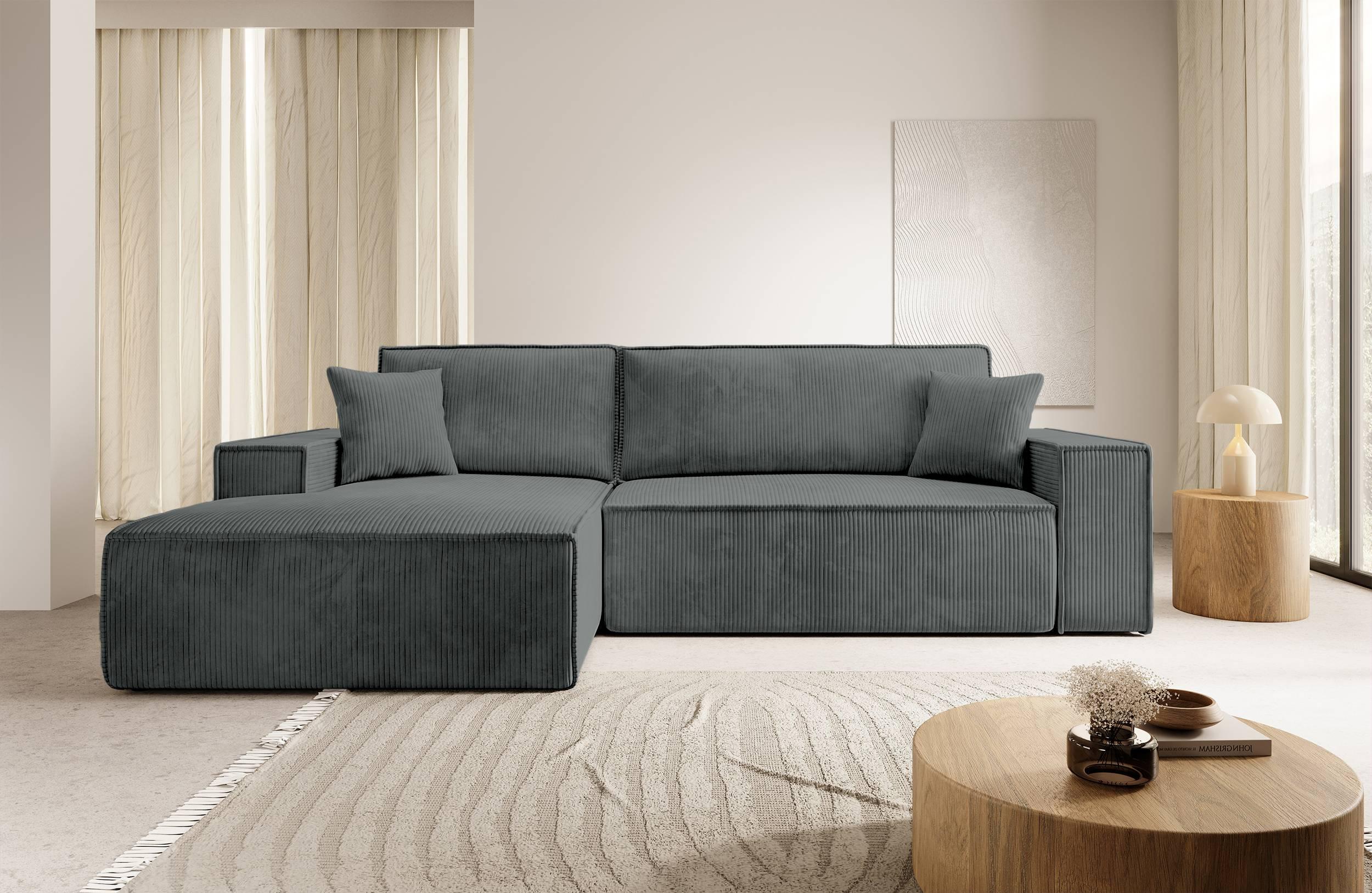 NADUVI Collection Galine Hoekbank met Hoekbank met Chaise Longue Links met Slaapfunctie - Ribstof - Donkergrijs