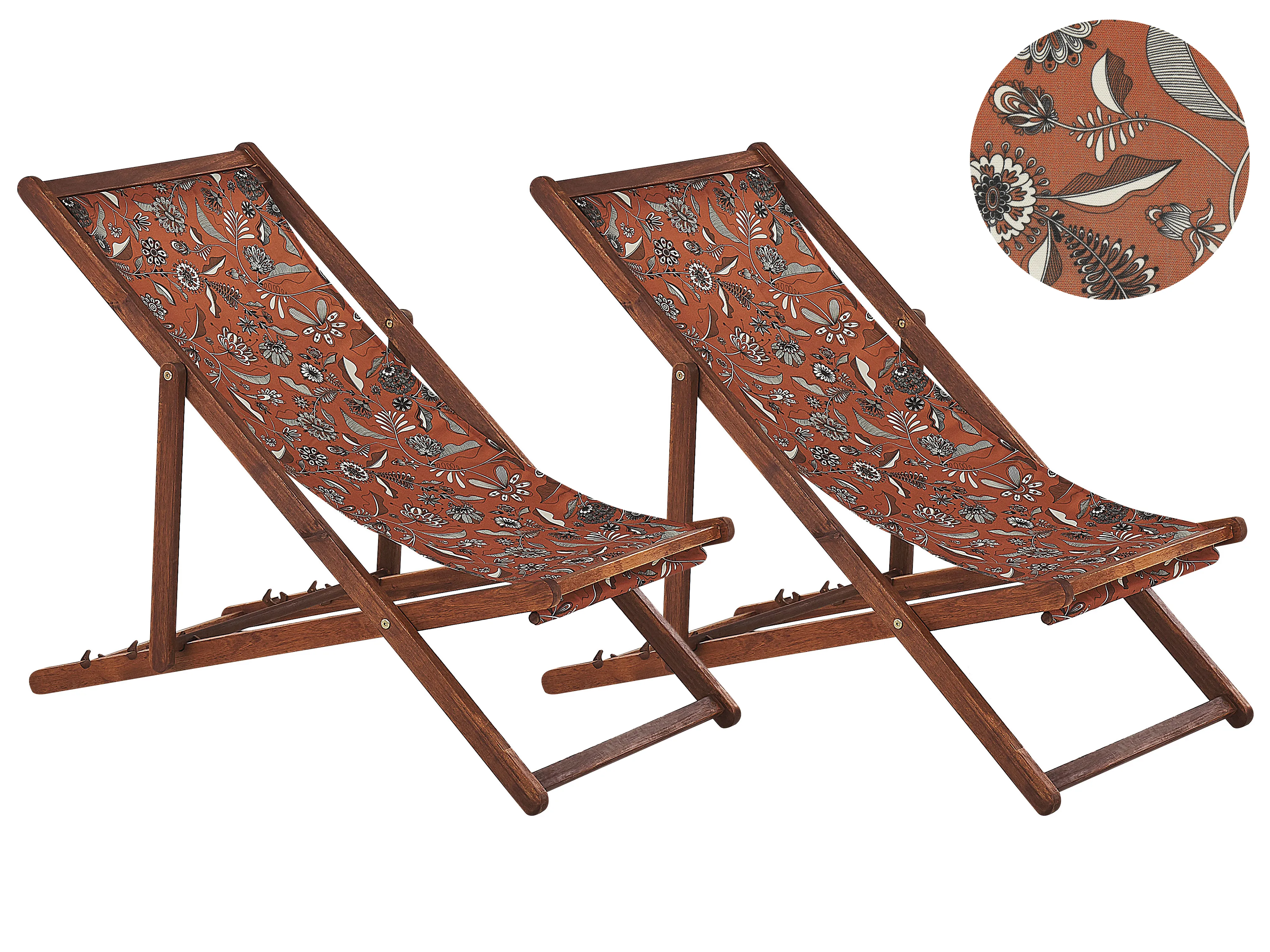 Set van 2 inklapbare ligstoelen ANZIO met vervangingshoezen Bloemen motief Acaciahout Donkerbruin