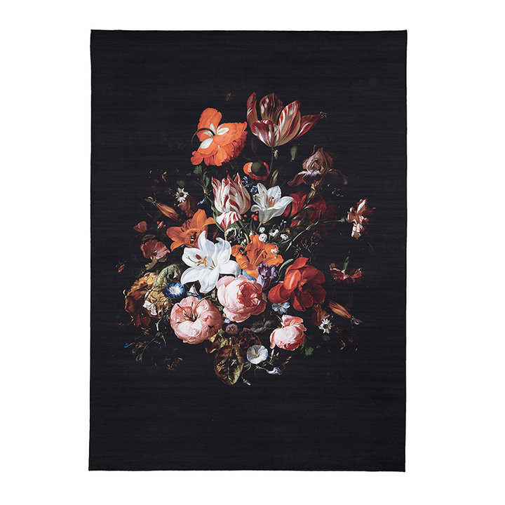 Bloemen vloerkleed - Florine Zwart/Oranje | Kleurrijk