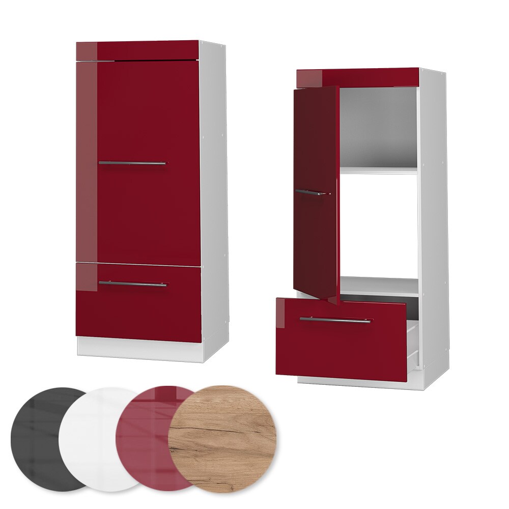 Vicco Mikrowellenumbauschrank Küchenschrank Küchenmöbel Fame-Line Weiß Bordeaux Rot 60 cm modern Hochglanz Küche Einbauküche Blende Hochschrank Schublade Mikrowelle Backofen Küchenzeile