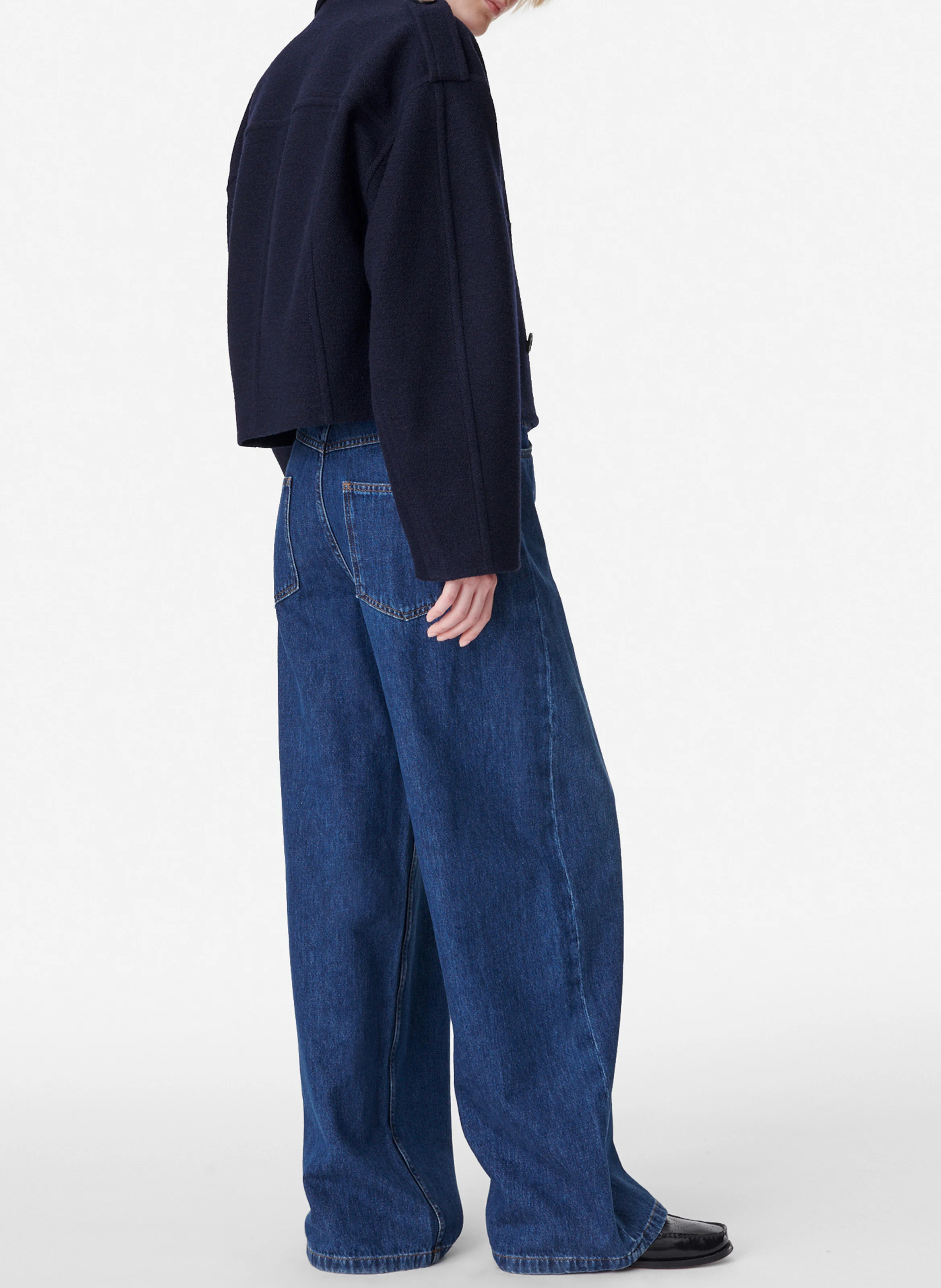 BERAN - Caban court col tailleur en laine et coton| Bleu