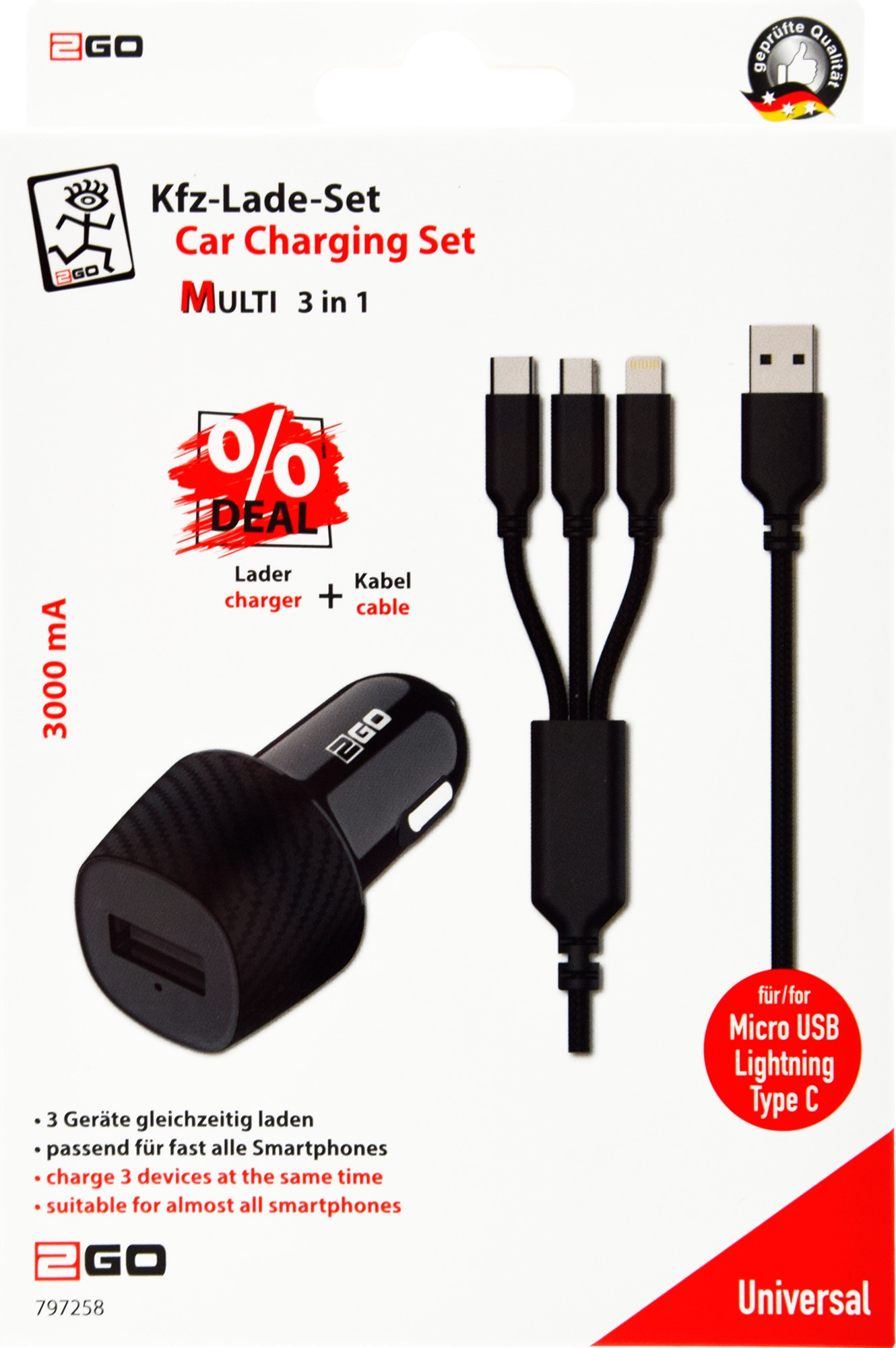 2GO KFZ Ladeset mit 3 in 1 Ladekabel 12/24V