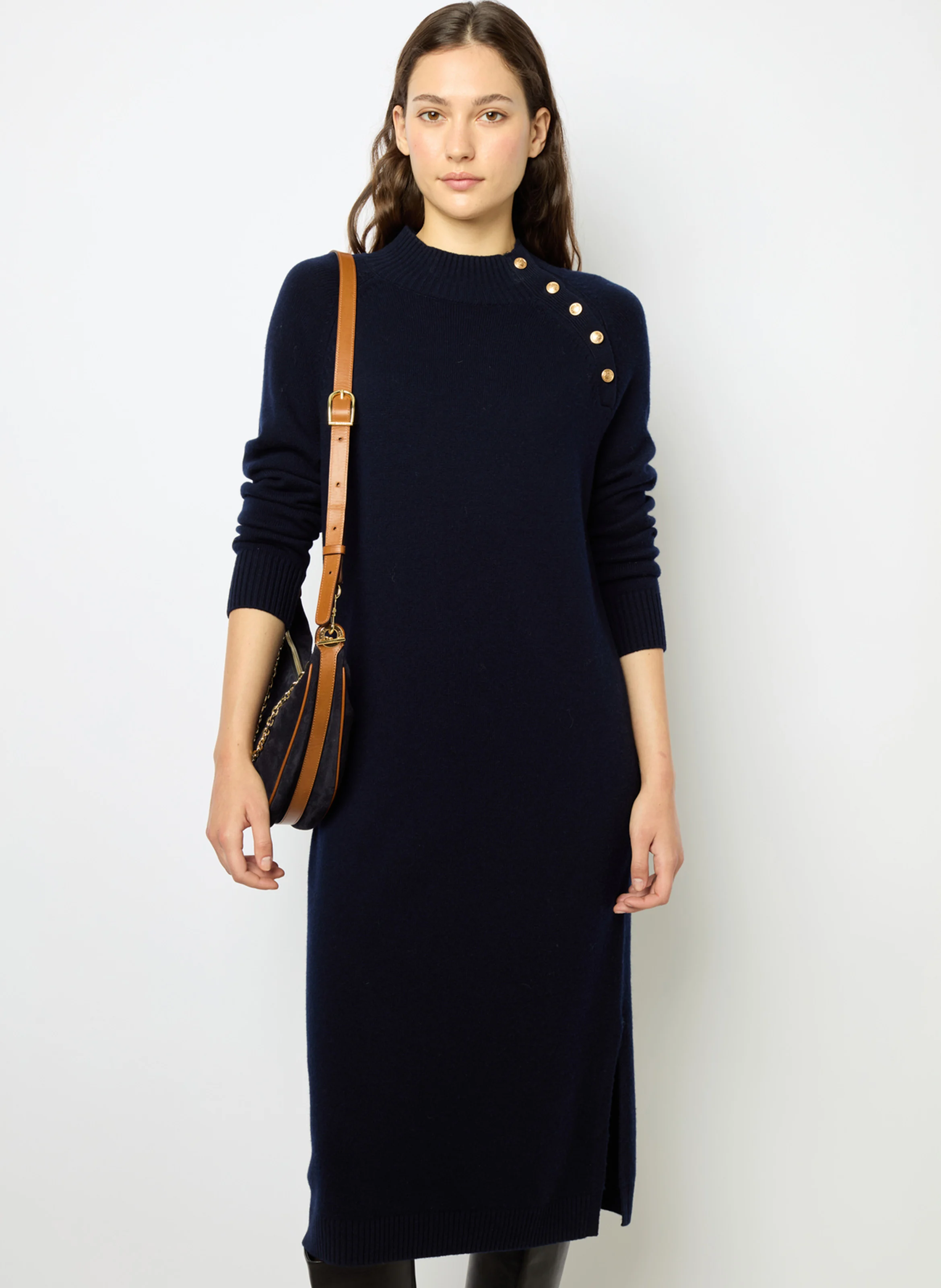 SHAINA - Robe midi col montant en laine | Bleu